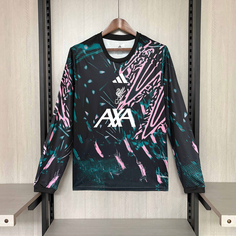 Liverpool Shirt with colorful design and brand logos on a hanger against a neutral background