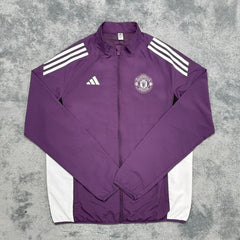 Purple jacket with white stripes and logos on a gray background