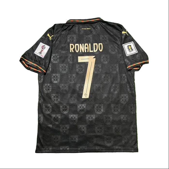 Black sports jersey with 'RONALDO 7' printed on it.